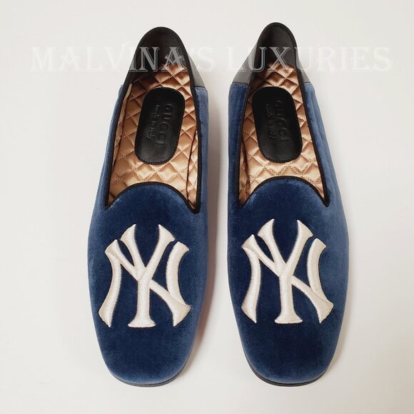 GUCCI SHOES MENS NY YANKEES INSIGNIA BLUE VELVET LOAFERS - Picture 4 of 14